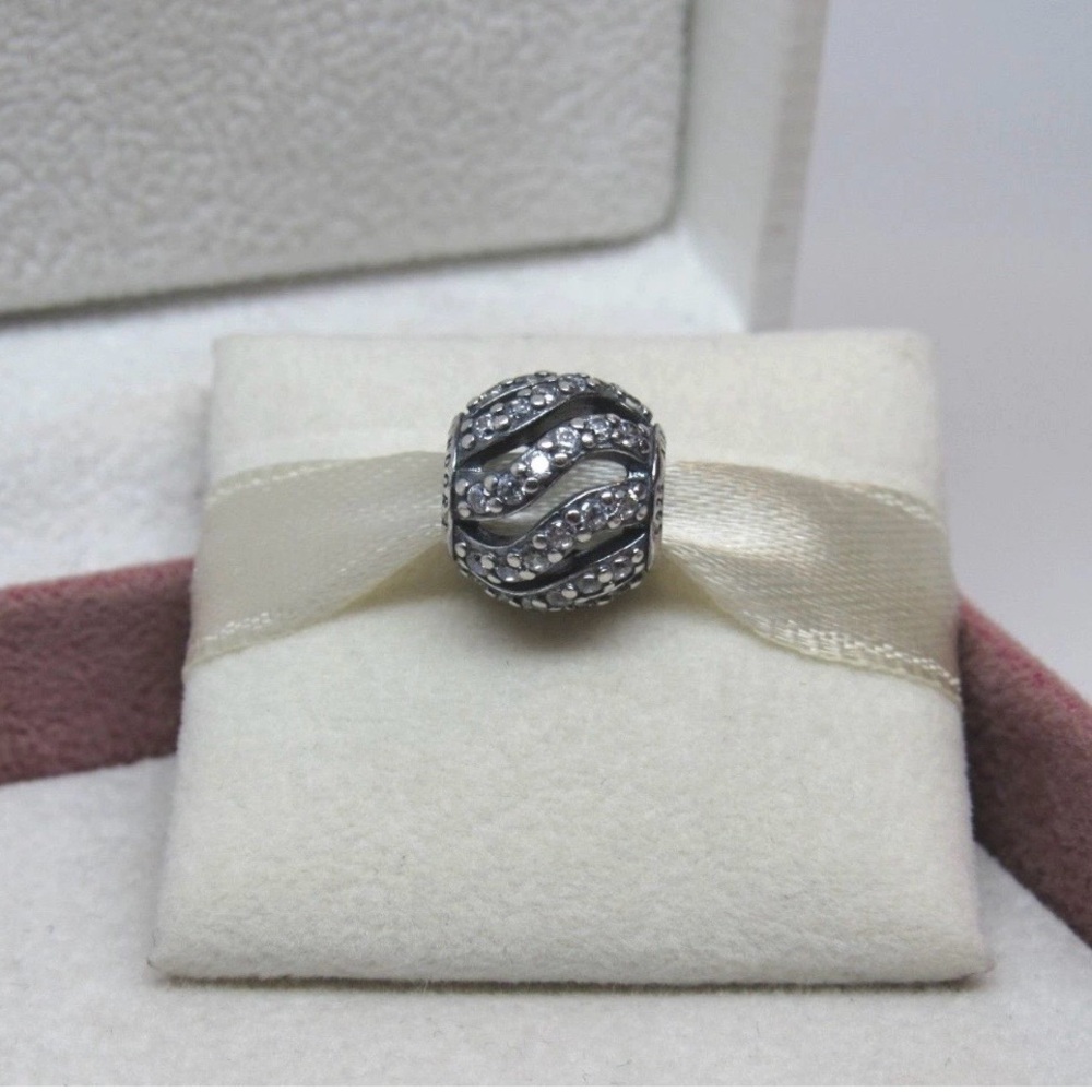 Pandora Retired Black Enamel Clear CZ Wave Clip Charm Sterling Silver 925 ALE - Picture 7 of 7